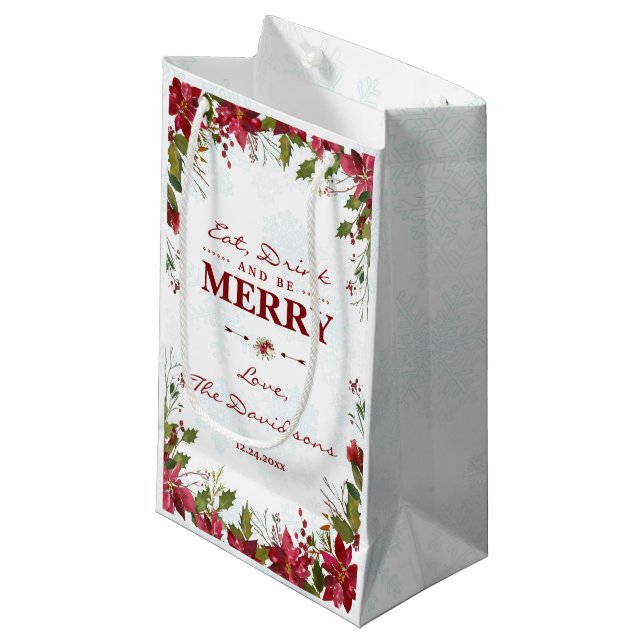 Xmas Snowflakes Poinsettia Eat Drink & be Merry Small Gift Bag (Front Angled)