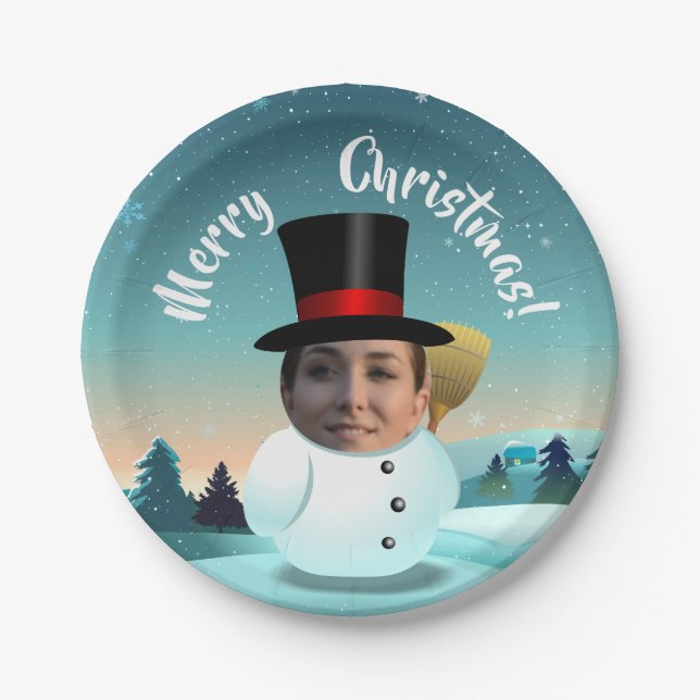 Xmas Snowman Customized With Your Face Paper Plates (Front)