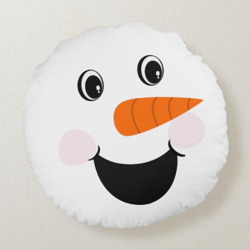 Xmas Snowman Happy Face Smiling White  Round Pillow