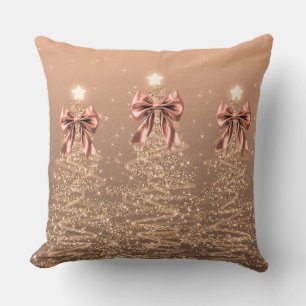 Xmas Sparkling Trees Rose Gold Faux Bow Throw Pillow