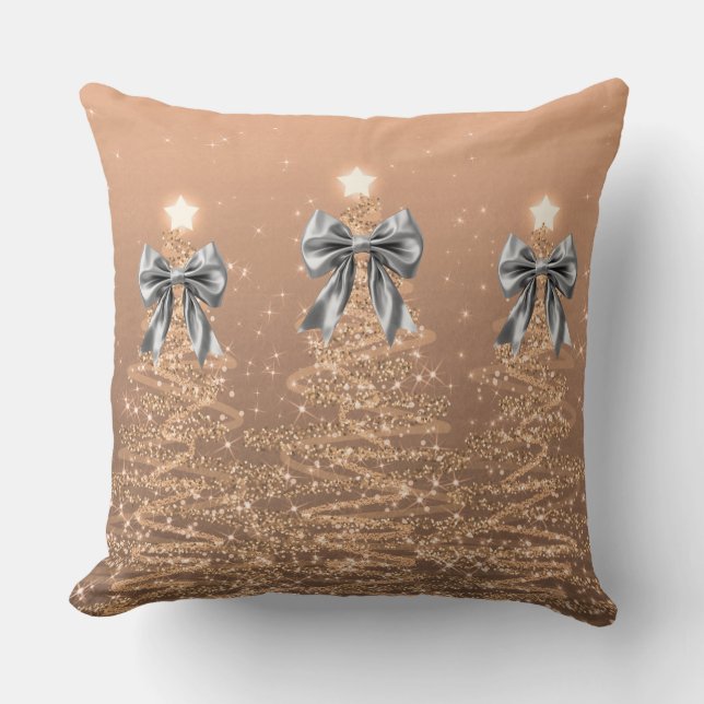 Xmas Sparkling Trees Rose Gold Faux Silver Bow  Throw Pillow (Front)