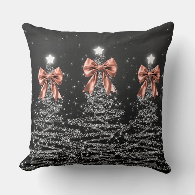 Xmas Sparkling Trees Silver Faux Rose Gold Bow  Throw Pillow (Front)