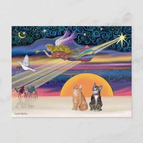 Xmas Star _ Brown and Orange Tabby cats two Holiday Postcard