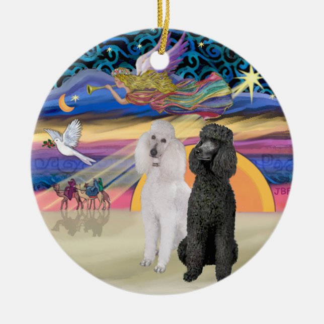 Xmas Star - Two Standard Poodles (W+Blk) Ceramic Ornament (Front)