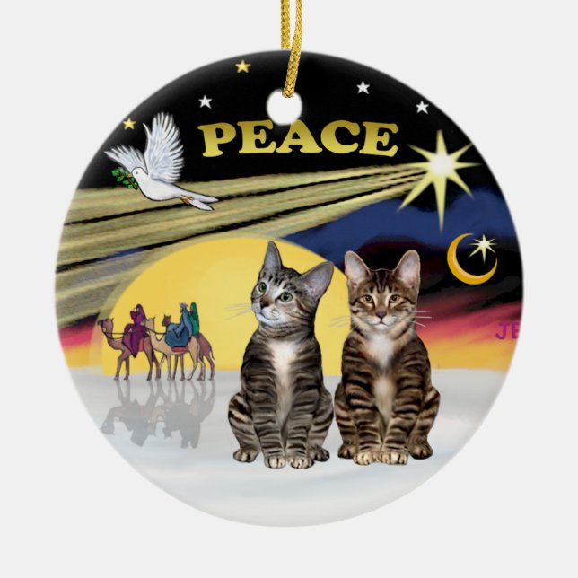 Xmas Star -Two Tabby cats (AmSH) Ceramic Ornament (Front)
