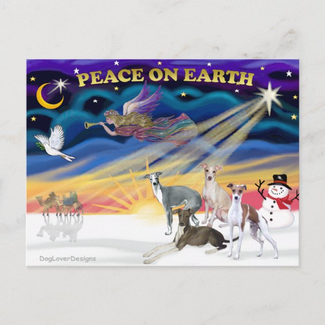 Xmas Sunrise - Four Italian Greyhounds Holiday Postcard (Front)