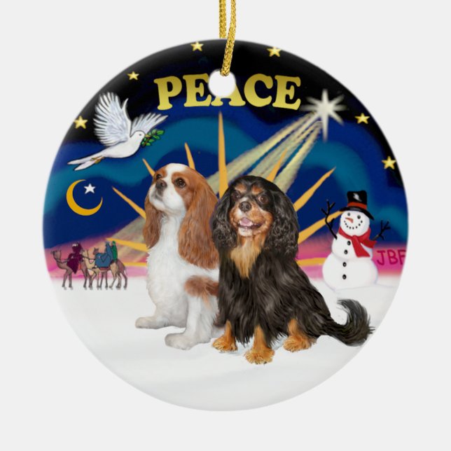 Xmas Sunrise - Two Cavaliers (BL+BT) Ceramic Ornament (Front)