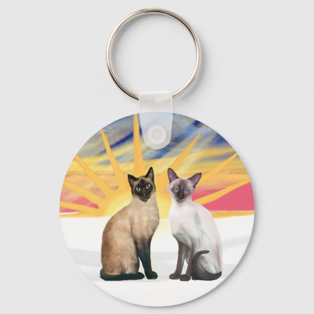 Xmas Sunrise - Two Siamese cats (Seal + Choc) Keychain (Front)