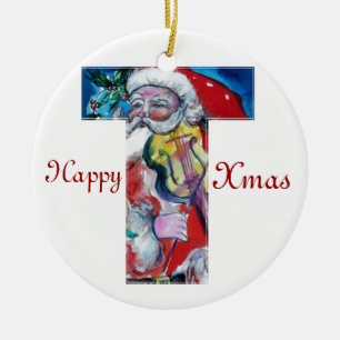 XMAS T LETTER /SANTA CLAUS WITH VIOLIN MONOGRAM CERAMIC ORNAMENT