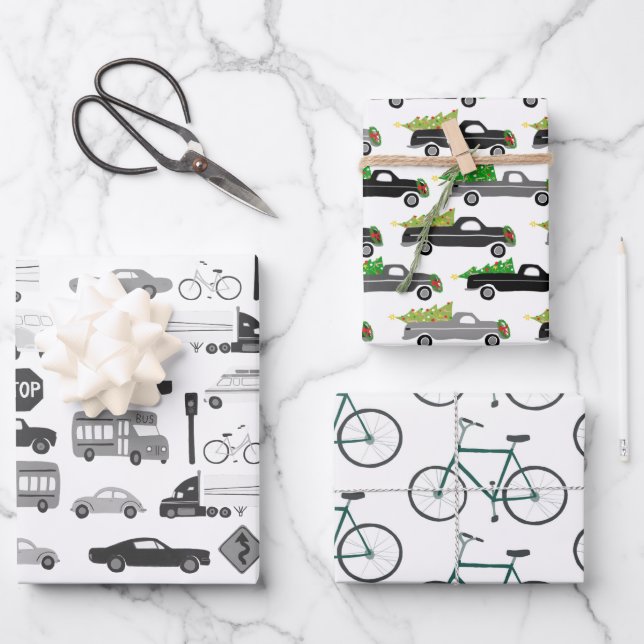 Xmas Traffic Cars Trucks Bikes Variety Pack Wrapping Paper Sheets (Front)