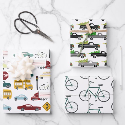 Xmas Traffic Cars Trucks Bikes Variety Pack Wrapping Paper Sheets