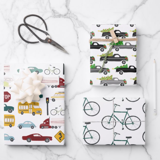 Xmas Traffic Cars Trucks Bikes Variety Pack Wrapping Paper Sheets (Front)