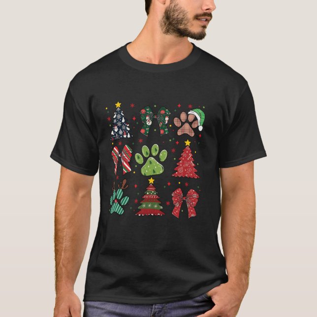 Xmas Tree Coquette Bow Dog Mama Checkered Xmas Dog T-Shirt (Front)