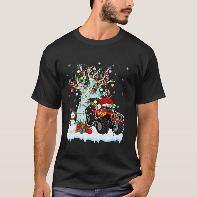 Xmas Tree Decoration Lighting Monster Truck Christ T-Shirt (Front)
