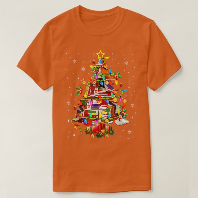 Xmas Tree Library Xmas Lights Tree Book Lover Libr T-Shirt (Design Front)