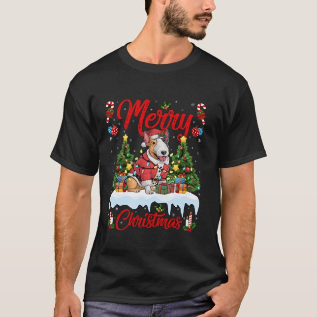 Xmas Tree Lighting Santa Bull Terrier Dog Christma T-Shirt (Front)