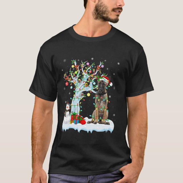 Xmas Tree Lighting Santa Hat Belgian Malinois Dog  T-Shirt (Front)