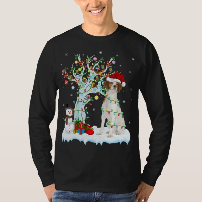 Xmas Tree Lighting Santa Hat Brittany Spaniel Dog  T-Shirt (Front)