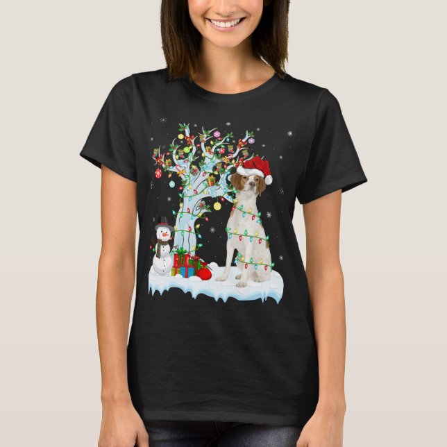 Xmas Tree Lighting Santa Hat Brittany Spaniel Dog  T-Shirt (Front)