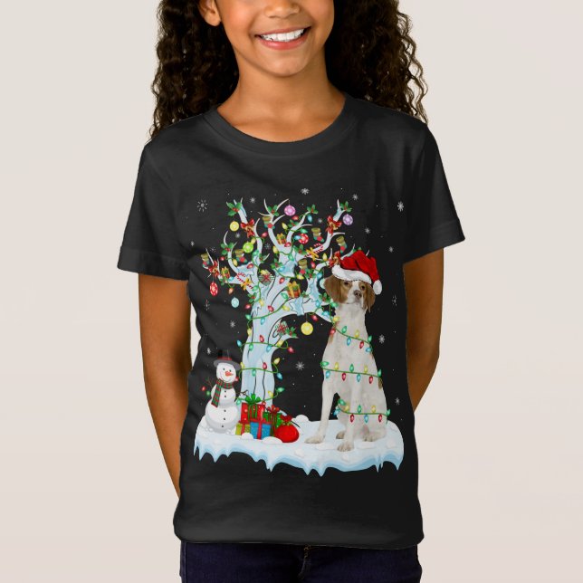 Xmas Tree Lighting Santa Hat Brittany Spaniel Dog  T-Shirt (Front)