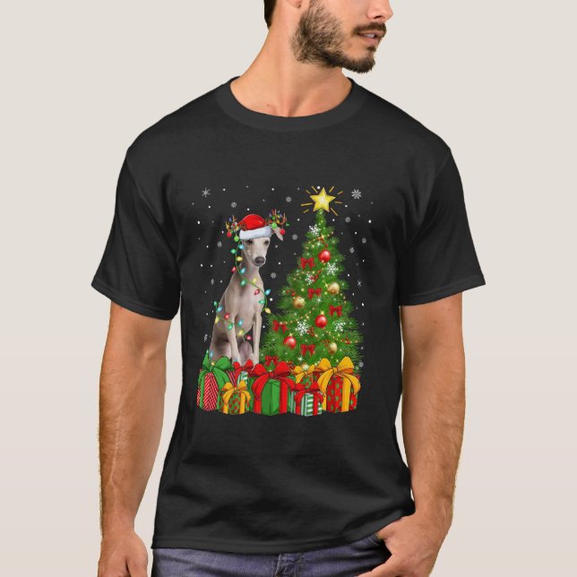 Xmas Tree Lighting Santa Hat Italian Greyhound Dog T-Shirt (Front)