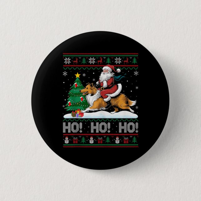 Xmas Tree Lighting Santa Riding Collie Dog Christm Button (Front)