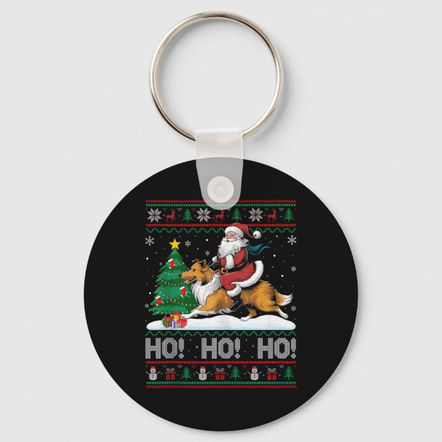 Xmas Tree Lighting Santa Riding Collie Dog Christm Keychain (Front)
