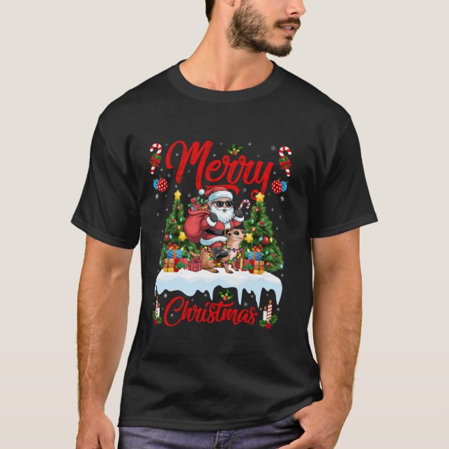 Xmas Tree Lighting Santa Riding Meerkat Christmas T-Shirt (Front)