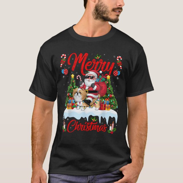 Xmas Tree Lighting Santa Riding Shih Tzu Dog Chris T-Shirt (Front)
