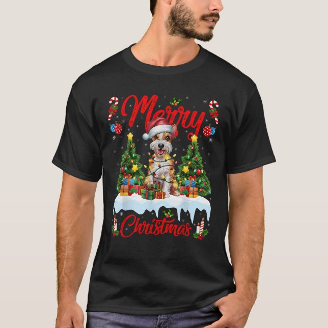Xmas Tree Lighting Santa Silky Terrier Dog Christm T-Shirt (Front)