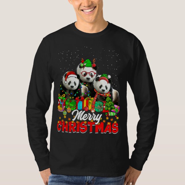 Xmas Tree Lights Christmas Pajama Panda Bear Anima T-Shirt (Front)