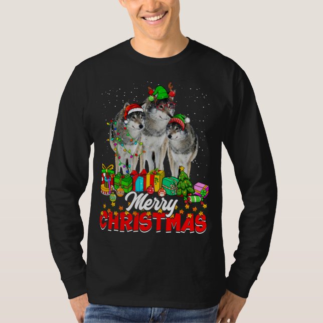 Xmas Tree Lights Christmas Pajama Wolf Animals Lov T-Shirt (Front)