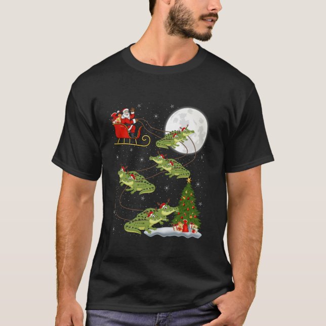 Xmas Tree Lights Funny Santa Riding Alligator Chri T-Shirt (Front)