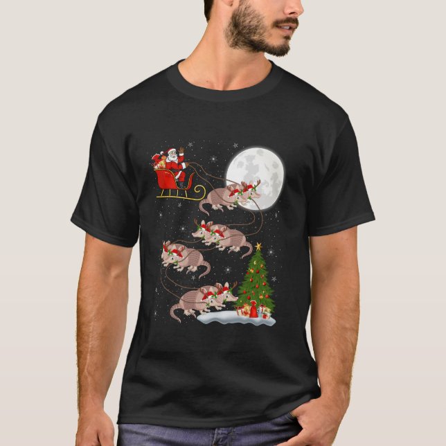 Xmas Tree Lights Funny Santa Riding Armadillo Chri T-Shirt (Front)