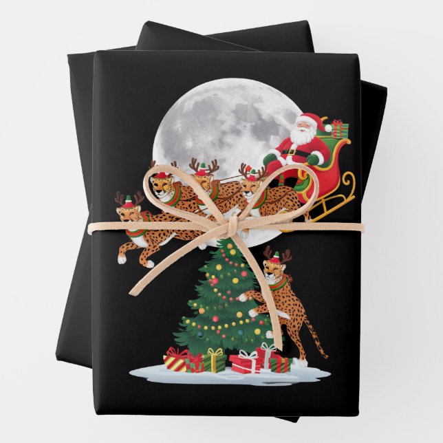 Xmas Tree Lights Funny Santa Riding Cheetah  Wrapping Paper Sheets (In situ)
