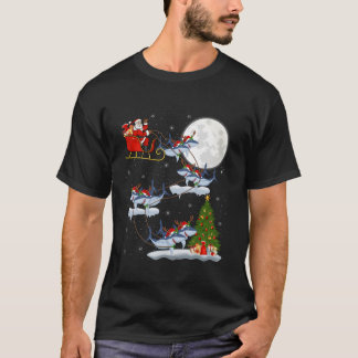 Xmas Tree Lights Funny Santa Riding Shark Christma T-Shirt