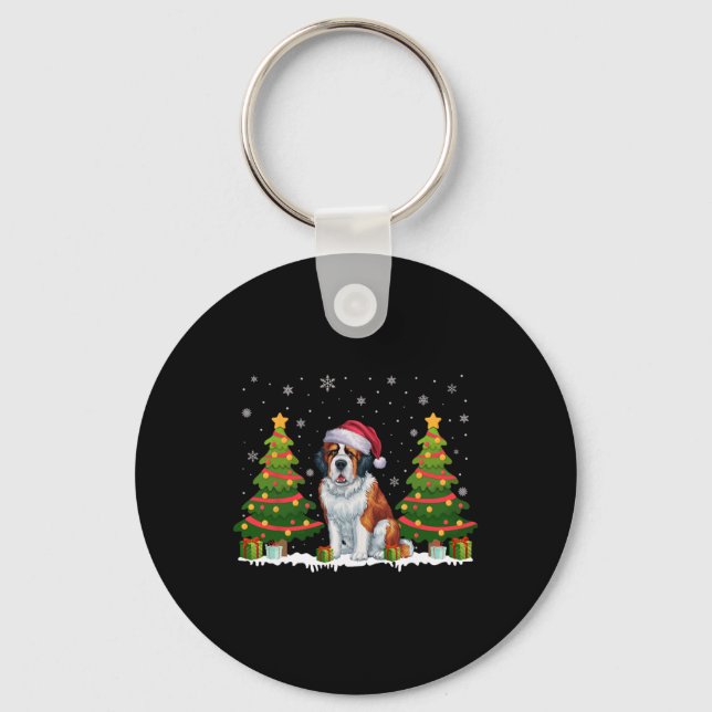 Xmas Tree Lights Saint Bernard Dog Santa Christmas Keychain (Front)