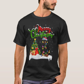 Xmas Tree Lights Santa Hat Doberman Dog Christmas  T-Shirt