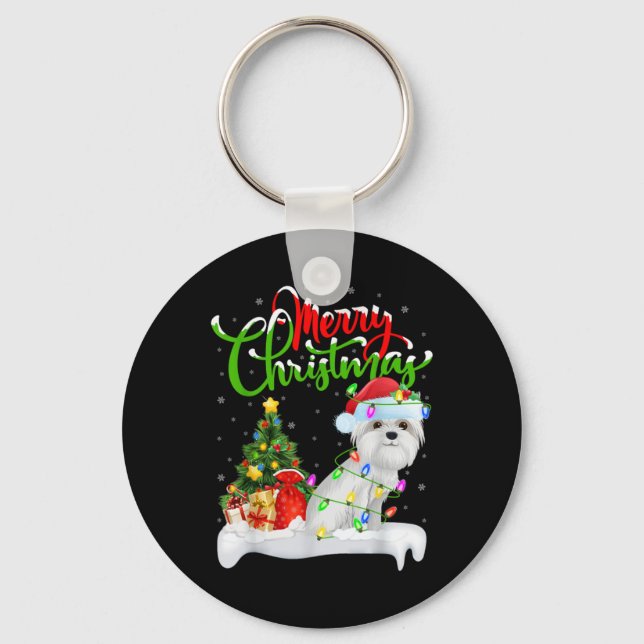 Xmas Tree Lights Santa Hat Maltese Dog Christmas T Keychain (Front)