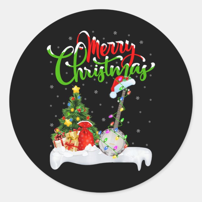 Xmas Tree Lights Santa Hat Musical Banjo Christmas Classic Round Sticker (Front)