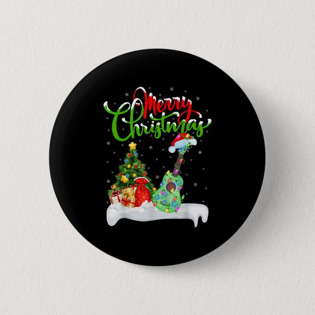Xmas Tree Lights Santa Hat Musical Ukulele Guitar  Button (Front)