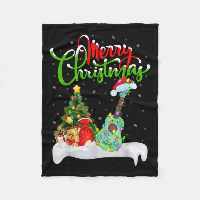 Xmas Tree Lights Santa Hat Musical Ukulele Guitar  Fleece Blanket (Front)