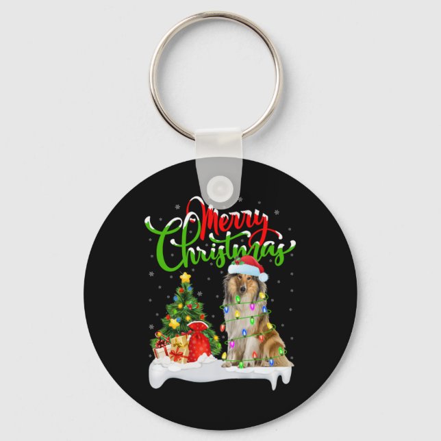 Xmas Tree Lights Santa Hat Rough Collie Dog Christ Keychain (Front)