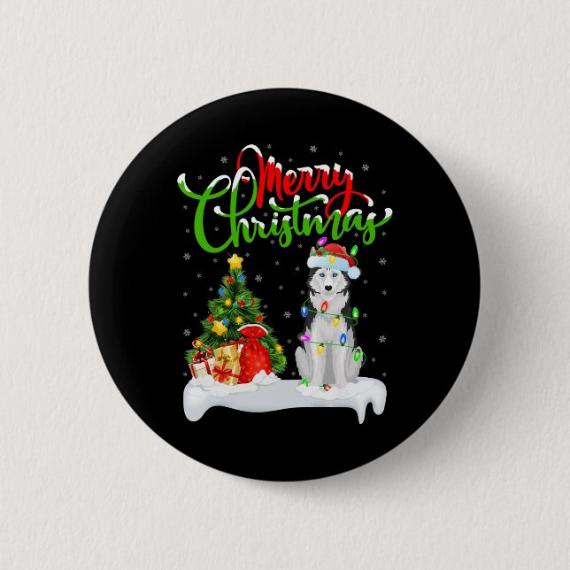 Xmas Tree Lights Santa Hat Siberian Husky Dog Chri Button (Front)