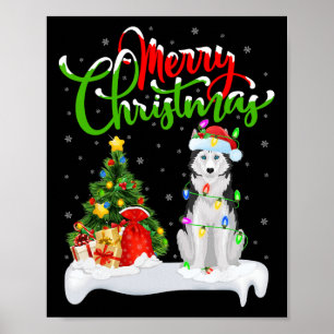 Xmas Tree Lights Santa Hat Siberian Husky Dog Chri Poster