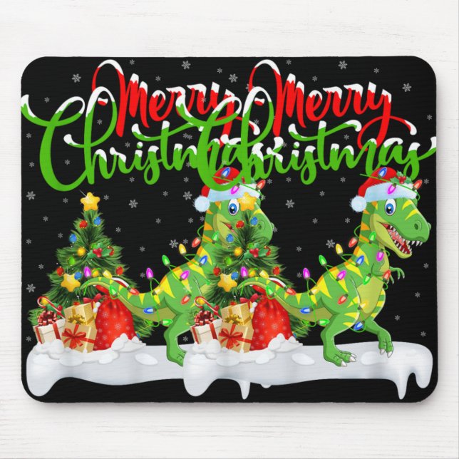 Xmas Tree Lights Santa Hat T Rex Dinosaur Christma Mouse Pad (Front)