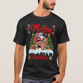 Xmas Tree Lights Santa Riding Golden Retriever Dog T-Shirt