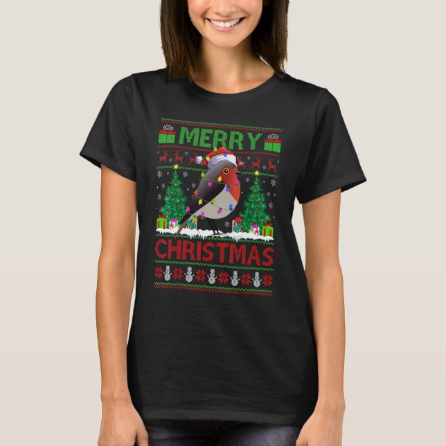 Xmas Tree Lights Ugly Santa American Robin Bird Ch T-Shirt (Front)