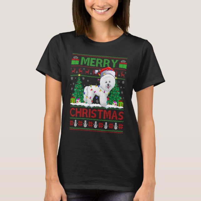 Xmas Tree Lights Ugly Santa Bichon Frise Dog Chris T-Shirt (Front)
