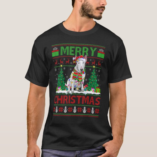Xmas Tree Lights Ugly Santa Bull Terrier Dog Chris T-Shirt (Front)
